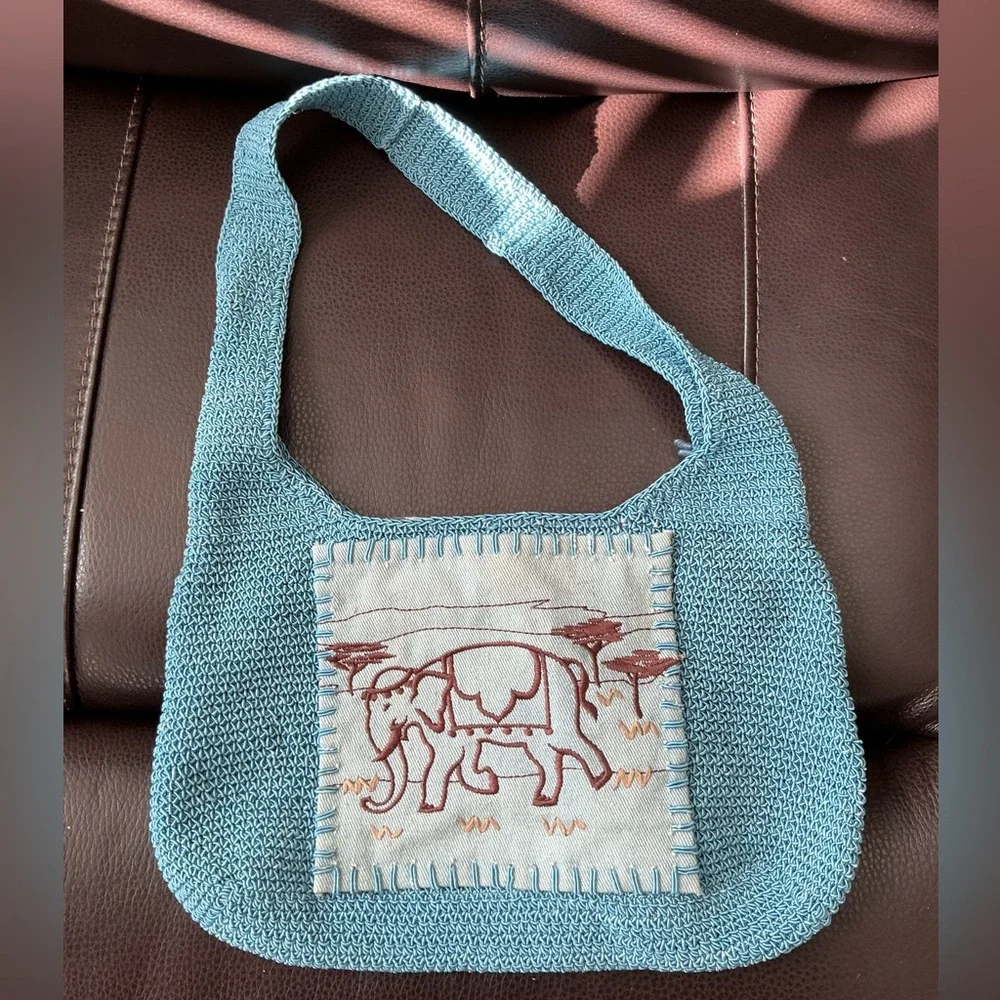 Blue Elephant Embroidered Knit Crochet Hobo Shoulder Bag